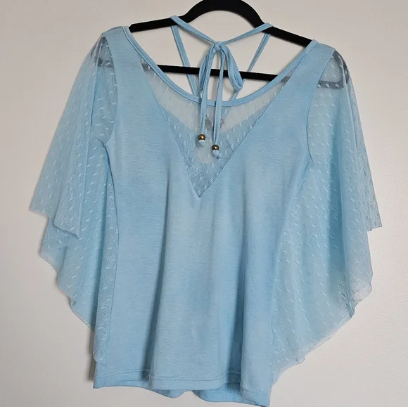 D.i.a Gyaru Blue Batwing Sheer Polka Dot Sleeve Beaded Halter Neck Top With - Picture 9 of 9